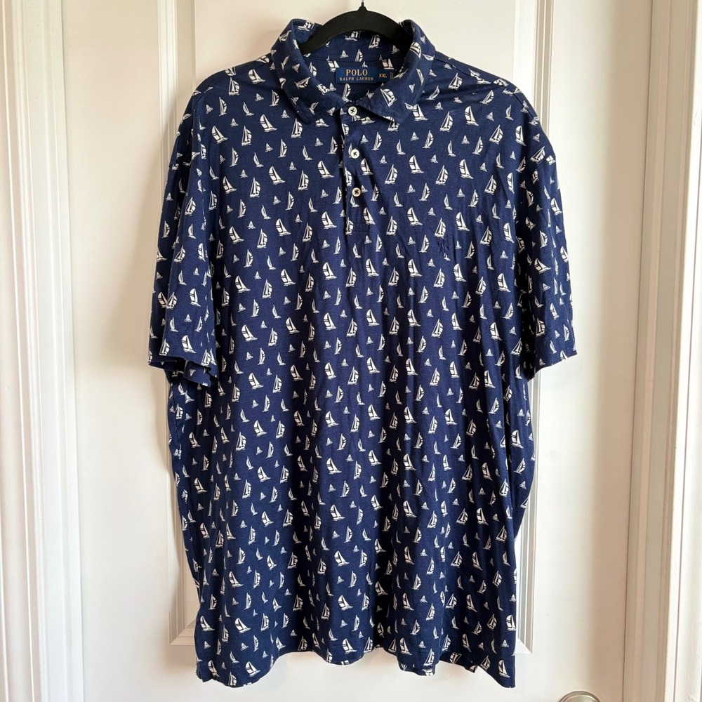 Polo Ralph Lauren Mens Sailboat Navy Blue Polo Shirt XXL Nautical Preppy Cotton‎